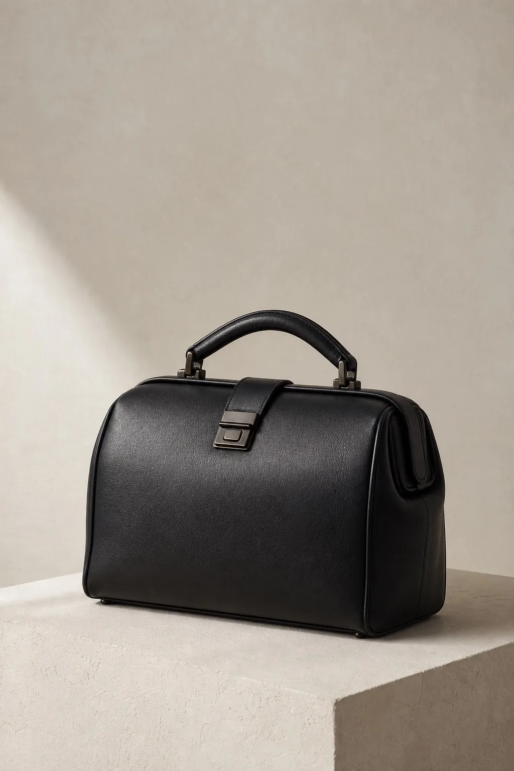 A modern black leather doctor's bag on a pale sculptural pedestal