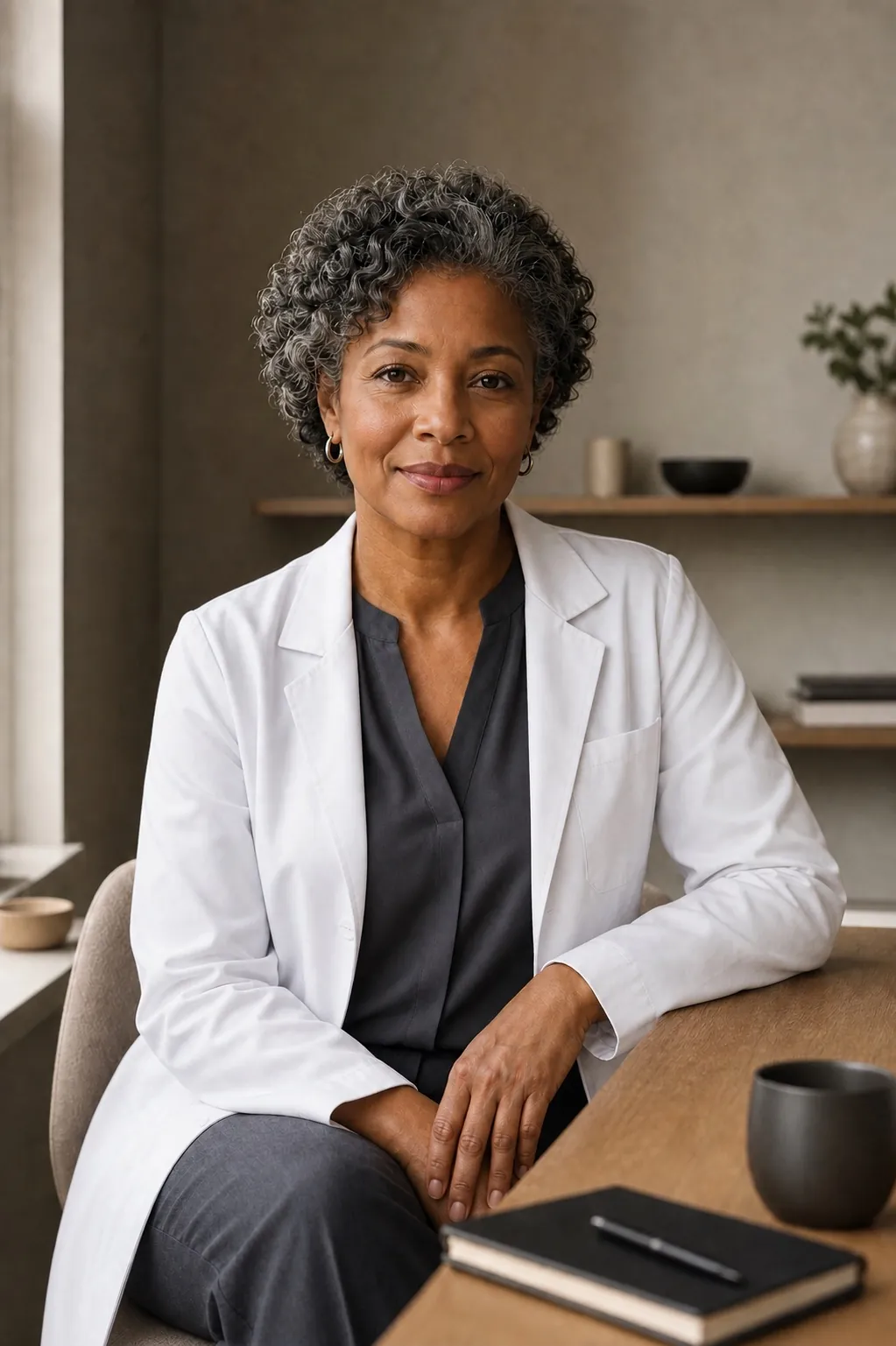 An experienced clinician seated in a quiet consultation room