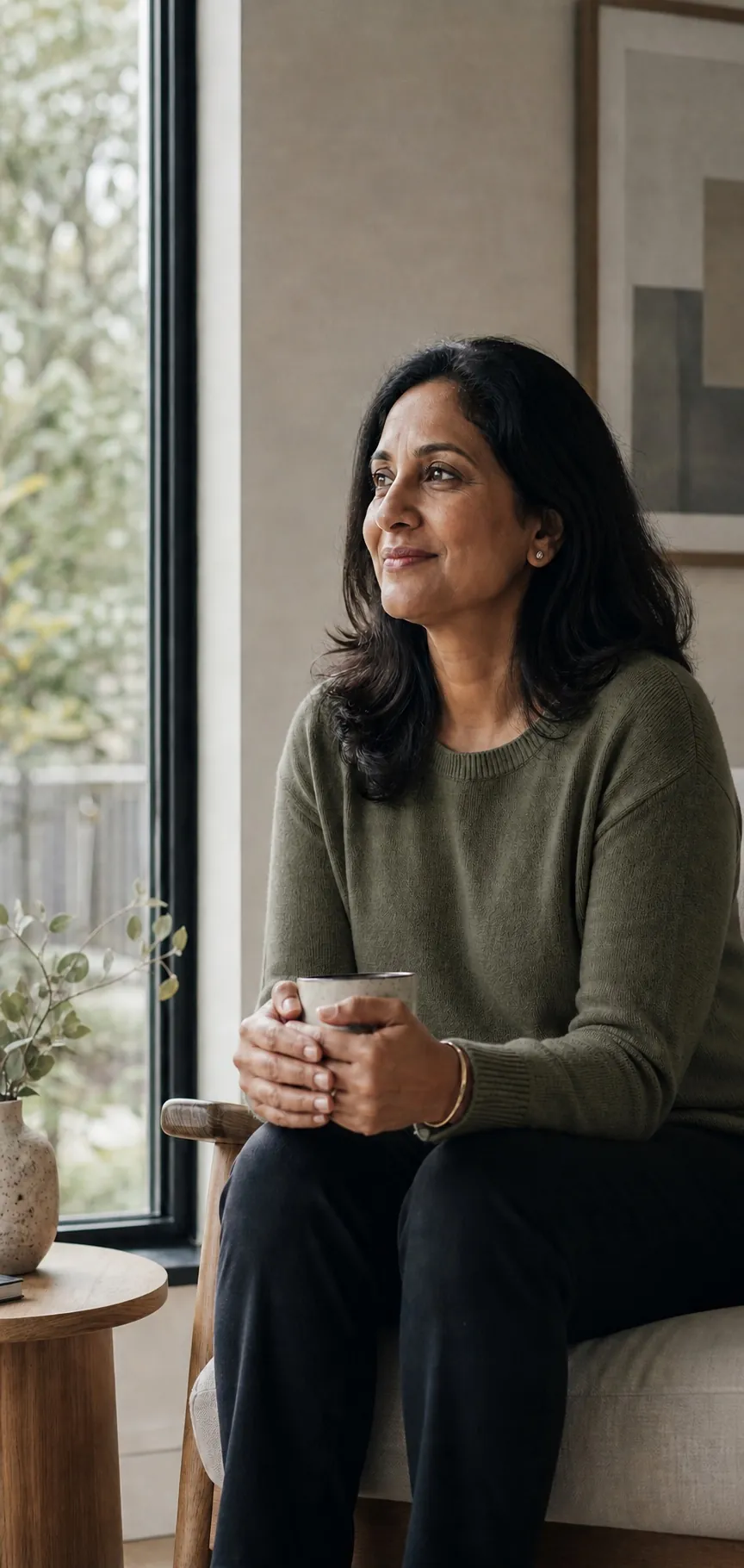 A woman seated beside a window at home, holding a cup and looking thoughtfully outside