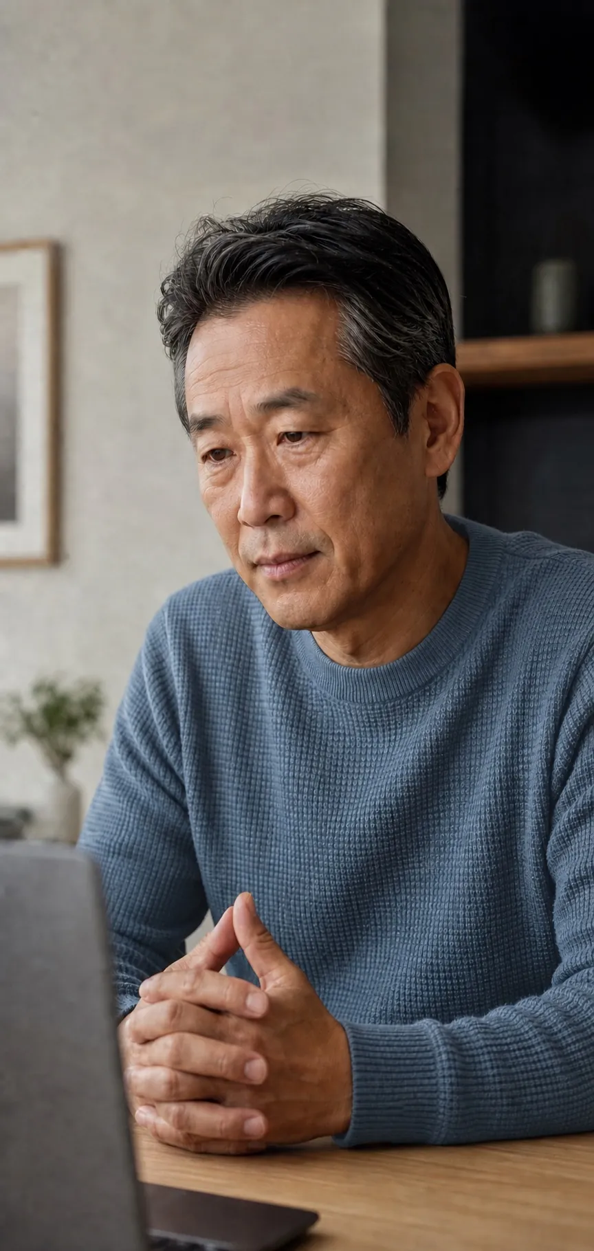 A man listening attentively during a video consultation from home
